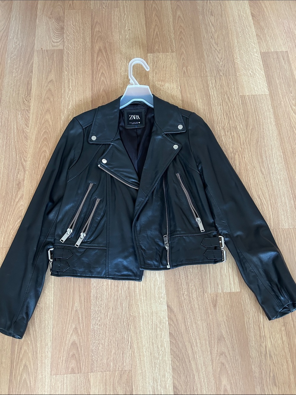 Zara Black Genuine Leather Biker Jacket, M